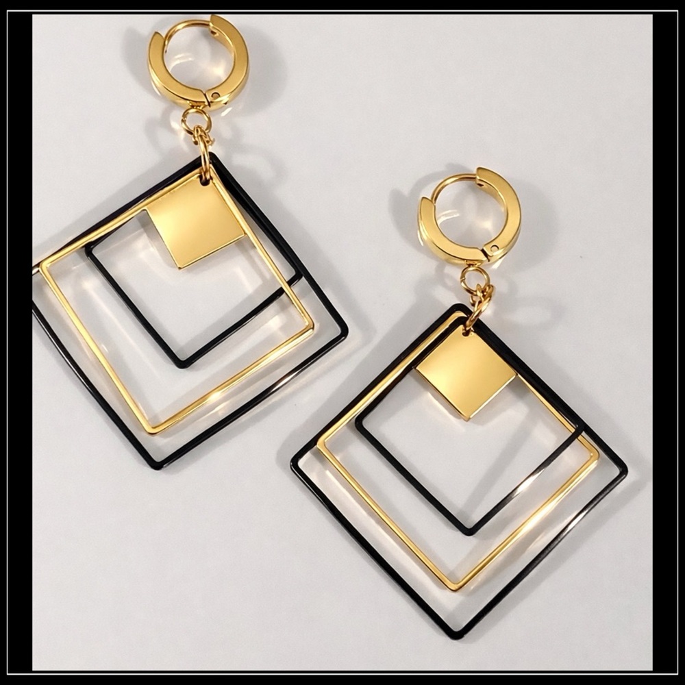 New Gold and Black Bold Geometric Statement Style 80s Earrings